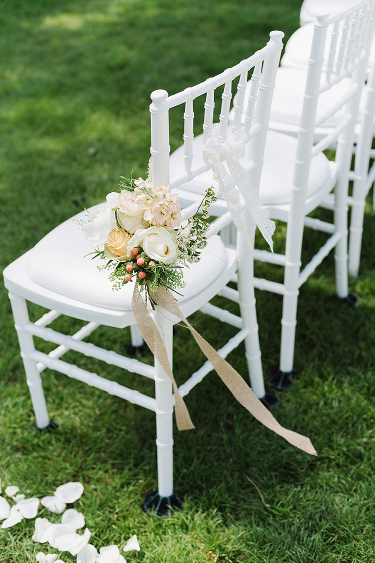 Chair Flowers Petals Aisle Ceremony Darling Peach Sage Green Grey Farm Wedding http://www.photographybybea.co.uk/