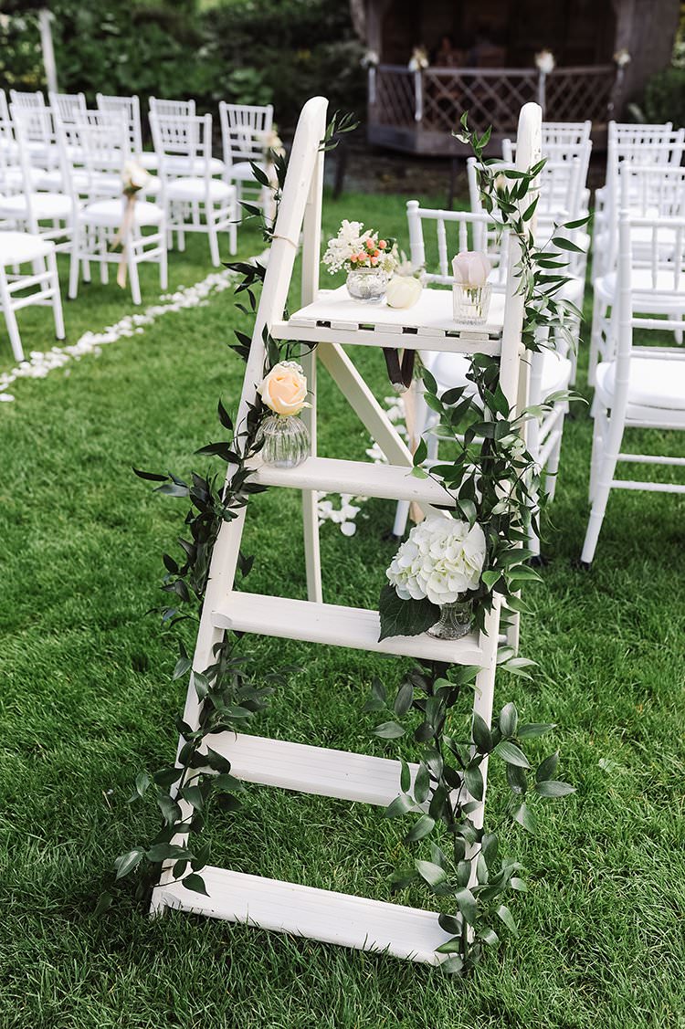 White Ladder Decor Flowers Greenery Darling Peach Sage Green Grey Farm Wedding http://www.photographybybea.co.uk/