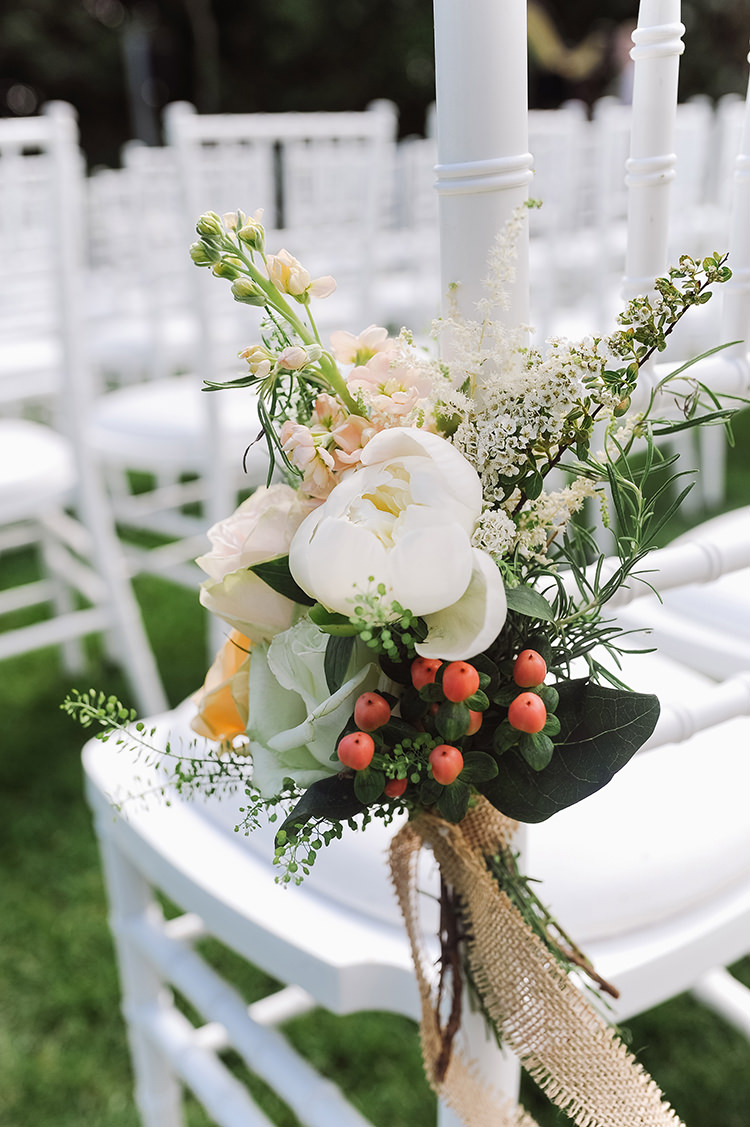Chair Flowers Decor Peony Rose Hessian Burlap Pew End Darling Peach Sage Green Grey Farm Wedding http://www.photographybybea.co.uk/