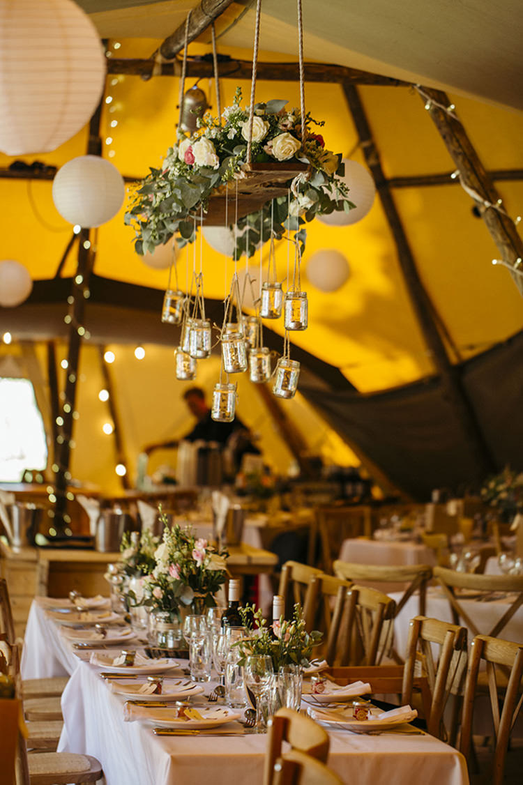 Tipi Suspend Hanging Flowers Jars Display Pretty Floral Boho Tipi Wedding https://www.kindredphotography.co.uk/