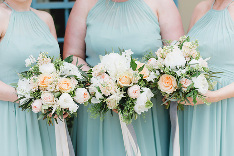 Bouquets Bridesmaids Ribbon Roses Darling Peach Sage Green Grey Farm Wedding http://www.photographybybea.co.uk/