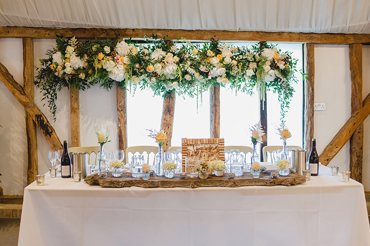Flower Back Drop Top Table Hanging Arrangement Darling Peach Sage Green Grey Farm Wedding http://www.photographybybea.co.uk/