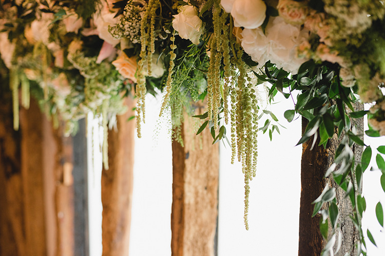 Hanging Flowers Swag Garland Darling Peach Sage Green Grey Farm Wedding http://www.photographybybea.co.uk/