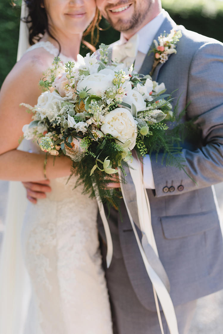 Bouquets Flowers Peony Rose Ribbon Bride Bridal Darling Peach Sage Green Grey Farm Wedding http://www.photographybybea.co.uk/ http://www.photographybybea.co.uk/