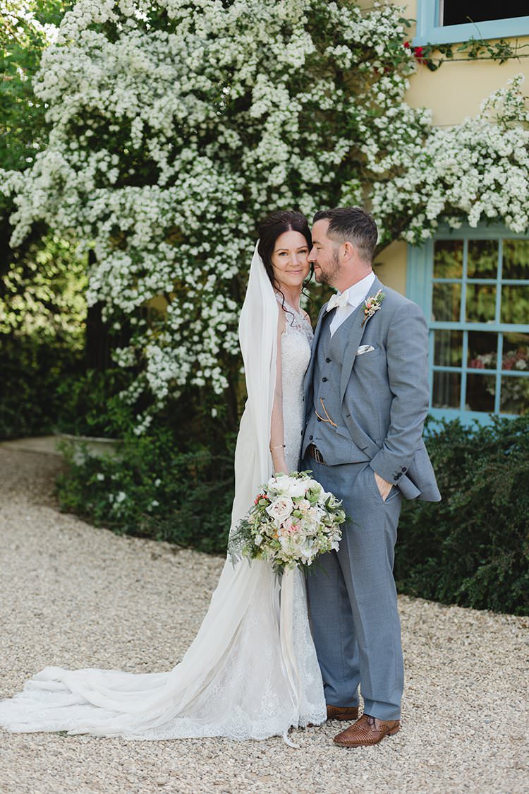 Grey Suit Bow Tie Groom Darling Peach Sage Green Grey Farm Wedding http://www.photographybybea.co.uk/