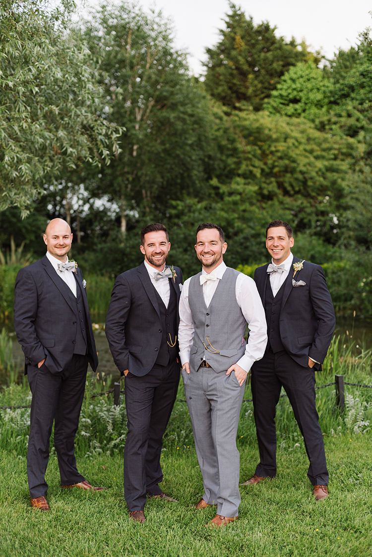Grey Suits Bow Ties Groom Groomsmen Waistcoat Best Man Darling Peach Sage Green Grey Farm Wedding http://www.photographybybea.co.uk/