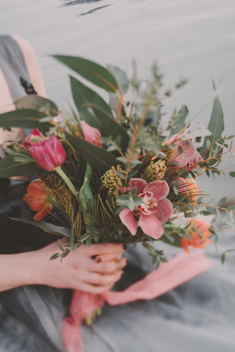 Bride Bouquet Pink Peach Orchid Tulip Norway Mountain Elopement | Moody Chic Norwegian Fjord Wedding Ideas https://www.anoukfotografeert.nl/