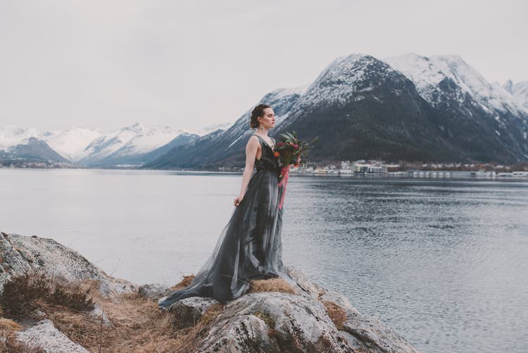 Bride Grey Black Couture Dress Norway Mountain Elopement | Moody Chic Norwegian Fjord Wedding Ideas https://www.anoukfotografeert.nl/