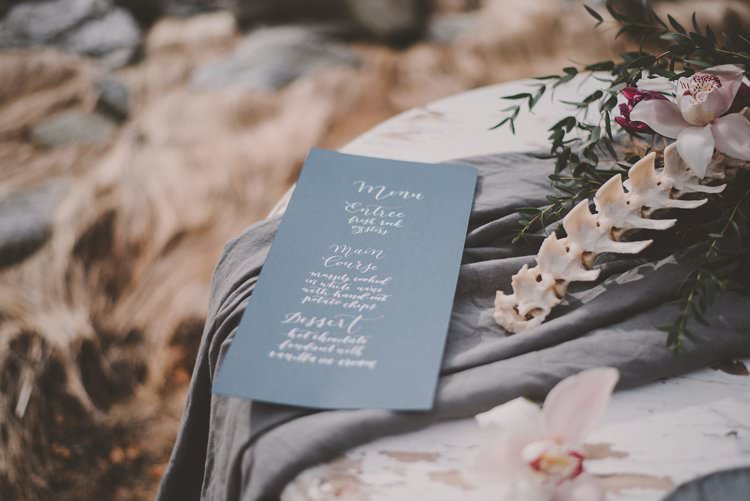 Blue Menu Bone Flower Centerpiece Minimalist Norway Mountain Elopement | Moody Chic Norwegian Fjord Wedding Ideas https://www.anoukfotografeert.nl/