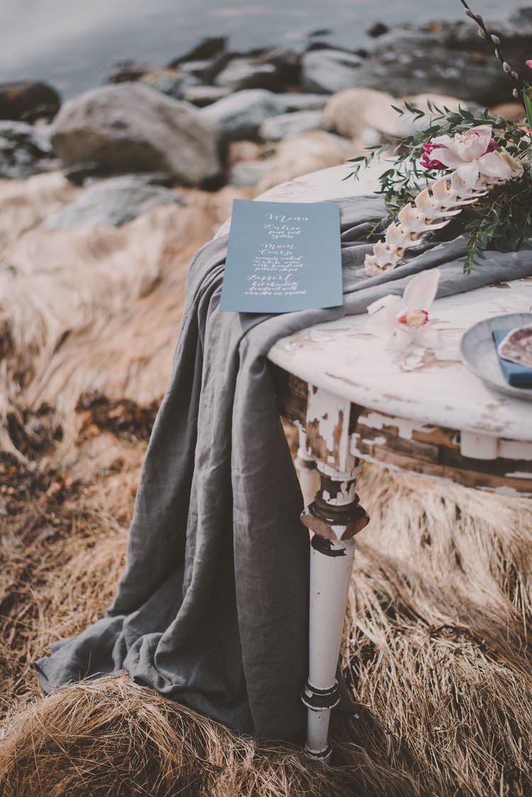 Table Runner Grey Blue Menu Bone Norway Mountain Elopement | Moody Chic Norwegian Fjord Wedding Ideas https://www.anoukfotografeert.nl/