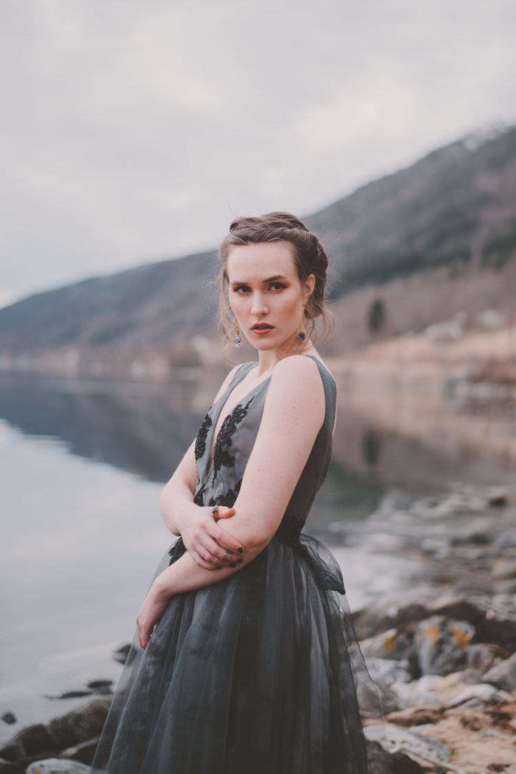 Bride Grey Dress Updo Minimalist Norway Mountain Elopement | Moody Chic Norwegian Fjord Wedding Ideas https://www.anoukfotografeert.nl/