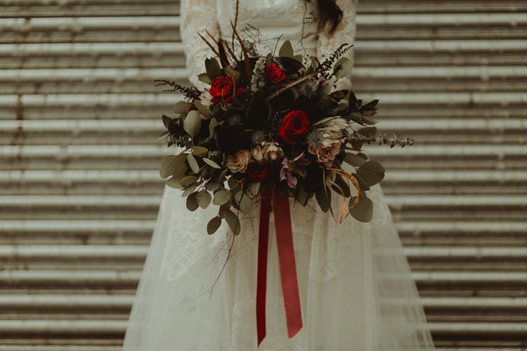 Bouquet Flowers Bride Bridal Wild Natural Black Red Greenery Moody Ethereal Winter Woodland Wedding Ideas http://belleartphotography.co.uk/