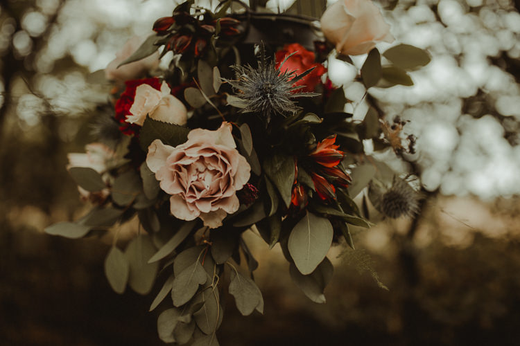 Bouquet Flowers Bride Bridal Wild Natural Black Red Greenery Moody Ethereal Winter Woodland Wedding Ideas http://belleartphotography.co.uk/
