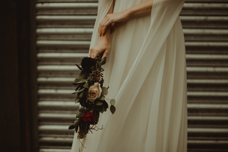 Bouquet Flowers Bride Bridal Wild Natural Black Red Greenery Moody Ethereal Winter Woodland Wedding Ideas http://belleartphotography.co.uk/