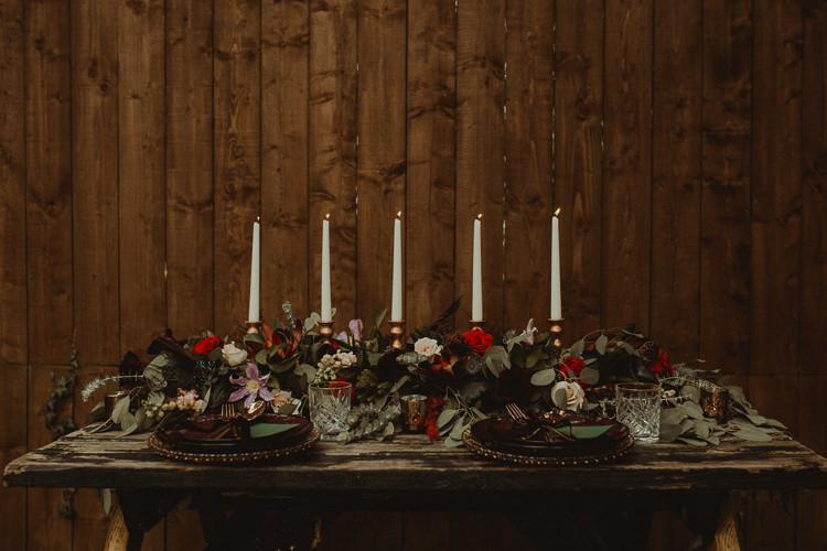 Table Decoration Tablescape Candles Flowers Black Red Greenery Rustic Moody Ethereal Winter Woodland Wedding Ideas http://belleartphotography.co.uk/