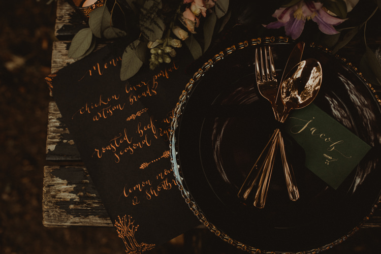 Table Decoration Tablescape Place Setting Gold Calligraphy Stationery Flowers Black Red Greenery Moody Ethereal Winter Woodland Wedding Ideas http://belleartphotography.co.uk/