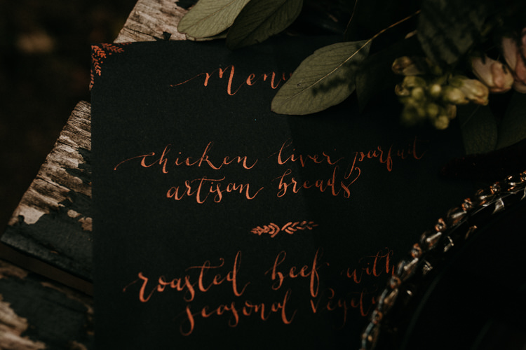Table Decoration Tablescape Place Setting Gold Calligraphy Stationery Flowers Black Red Greenery Moody Ethereal Winter Woodland Wedding Ideas http://belleartphotography.co.uk/