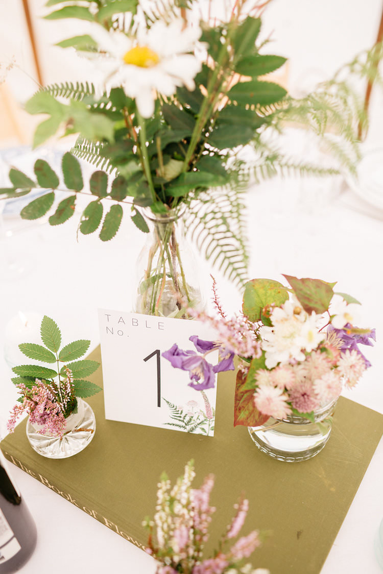 Table Decor Centrepiece Botanitcal Flowers Ferns Jars Bottles Books Fun Late Summer Outdoor Farm Wedding http://bowtieandbellephotography.co.uk/