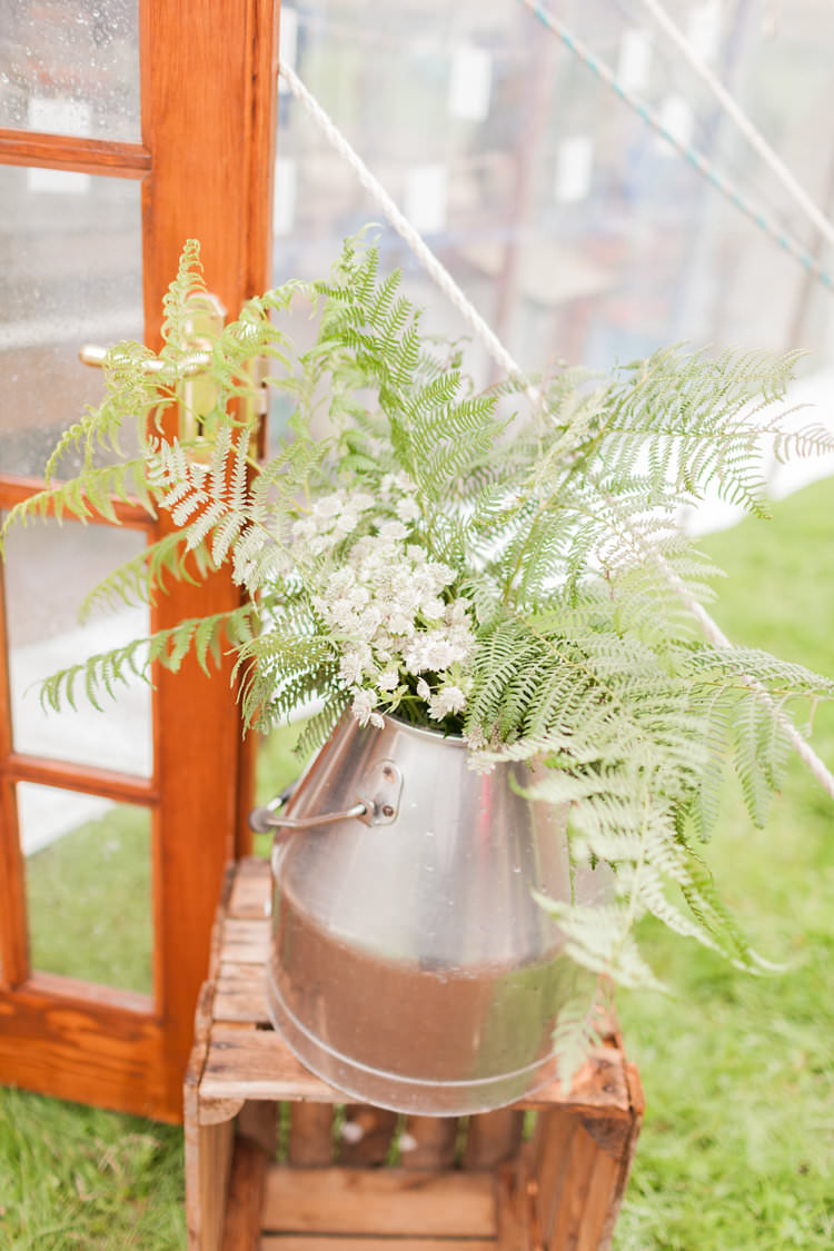 Ferns Decor Flowers Bucket Fun Late Summer Outdoor Farm Wedding http://bowtieandbellephotography.co.uk/