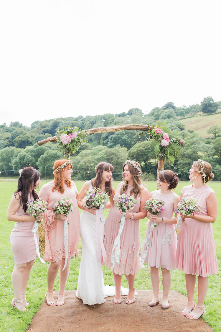 Mismatched Pink Bridesmaid Dresses Flower Crowns Fun Late Summer Outdoor Farm Wedding http://bowtieandbellephotography.co.uk/