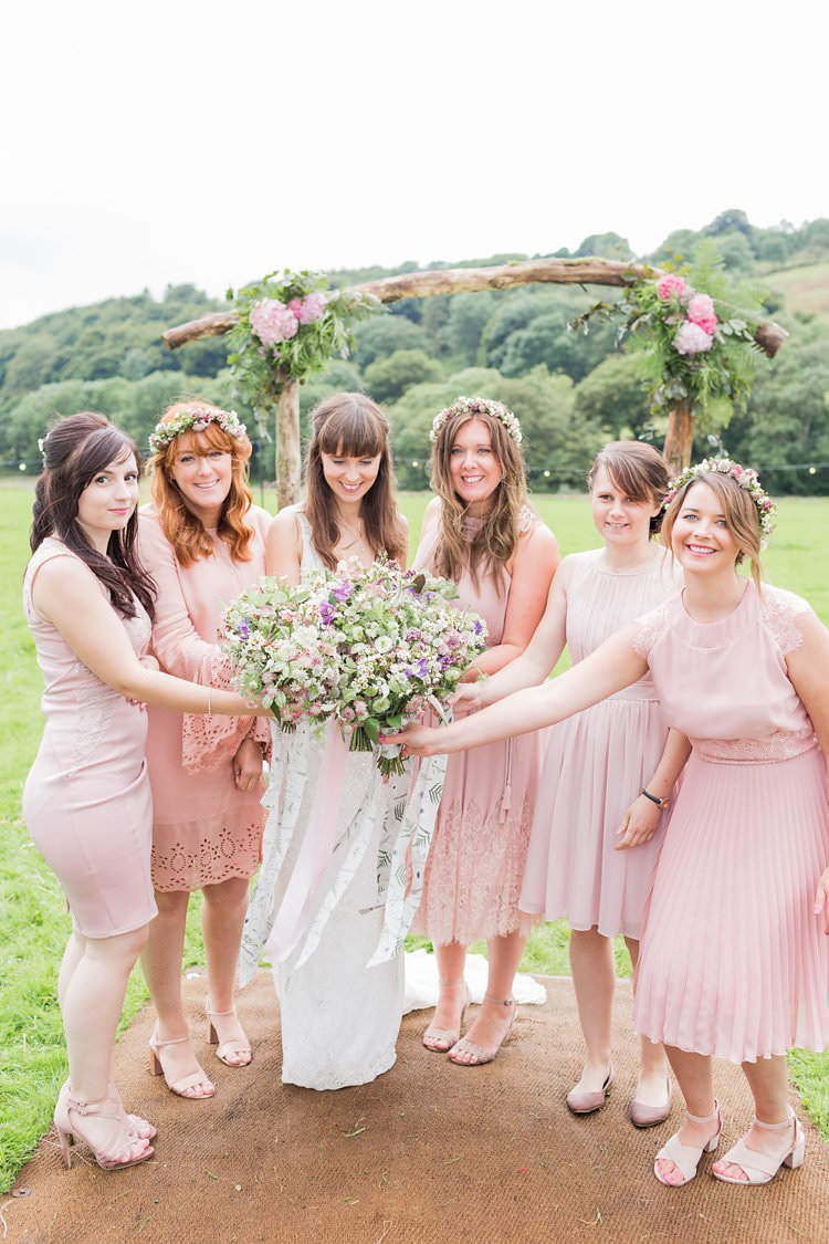 Mismatched Pink Bridesmaid Dresses Flower Crowns Bouquets Fun Late Summer Outdoor Farm Wedding http://bowtieandbellephotography.co.uk/