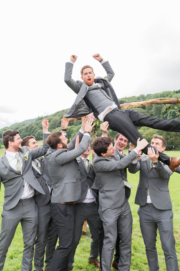 Groom Groomsmen Grey Suits Fun Late Summer Outdoor Farm Wedding http://bowtieandbellephotography.co.uk/