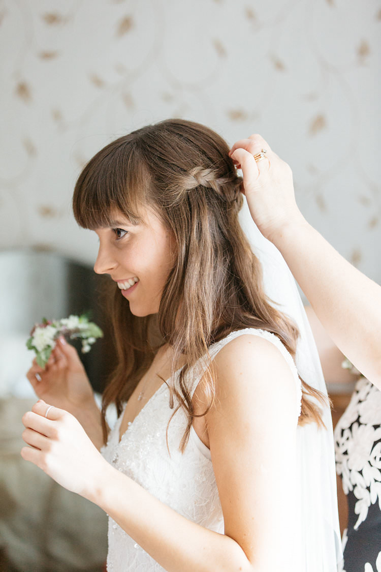 Hair Bride Bridal Plait Braid Bangs Fringe Fun Late Summer Outdoor Farm Wedding http://bowtieandbellephotography.co.uk/
