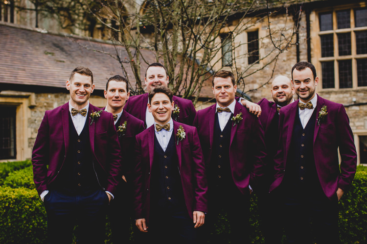 Red Burgundy Jackets Bow Ties Waistcoats Tan Shoes Groom Groomsmen Christmas Wedding Cotswolds http://jonnymp.com/