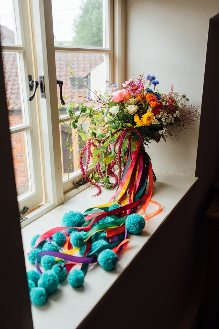 Bouquet Flowers Ribbon Pom Poms Bride Bridal Wild Alternative Colourful Outdoor Humanist Village Hall Wedding http://www.chebirchhayesphotography.com/