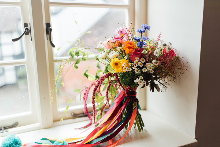 Bouquet Flowers Ribbon Pom Poms Bride Bridal Wild Alternative Colourful Outdoor Humanist Village Hall Wedding http://www.chebirchhayesphotography.com/