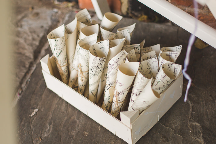 Confetti Cone Holder Sheet Music Whimsical Romantic Barn Wedding http://kirstymackenziephotography.co.uk/
