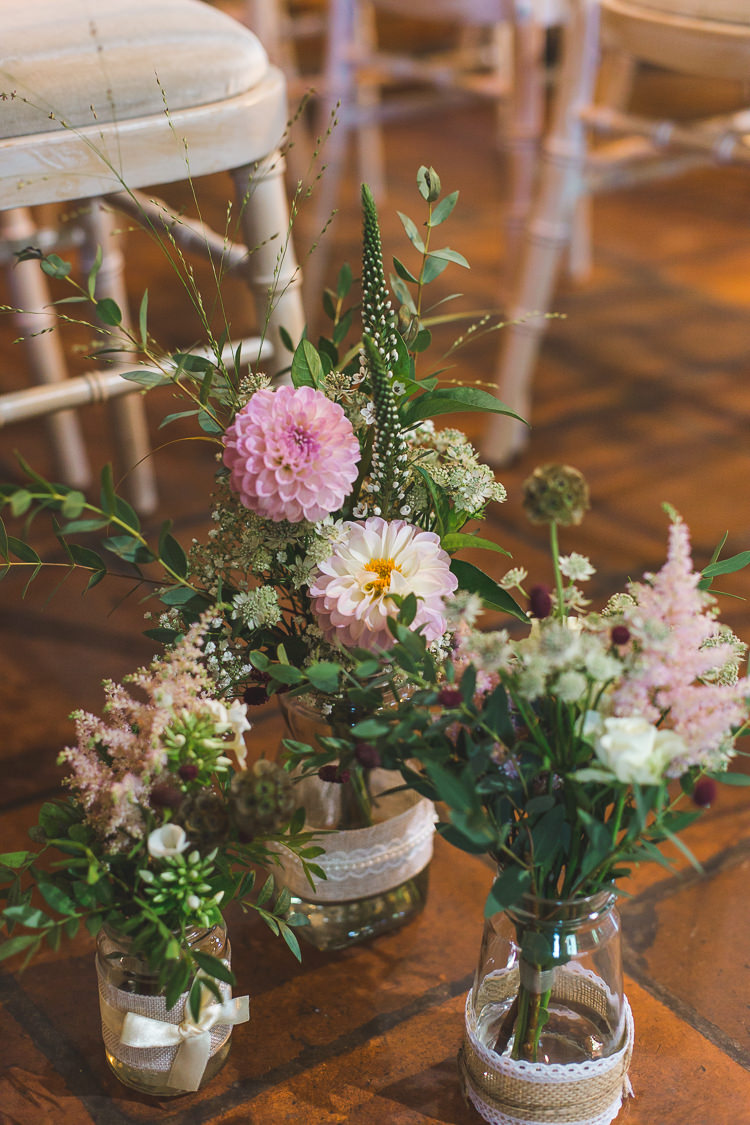 Aisle Flowers Jars Hessian Lace Pink Whimsical Romantic Barn Wedding http://kirstymackenziephotography.co.uk/