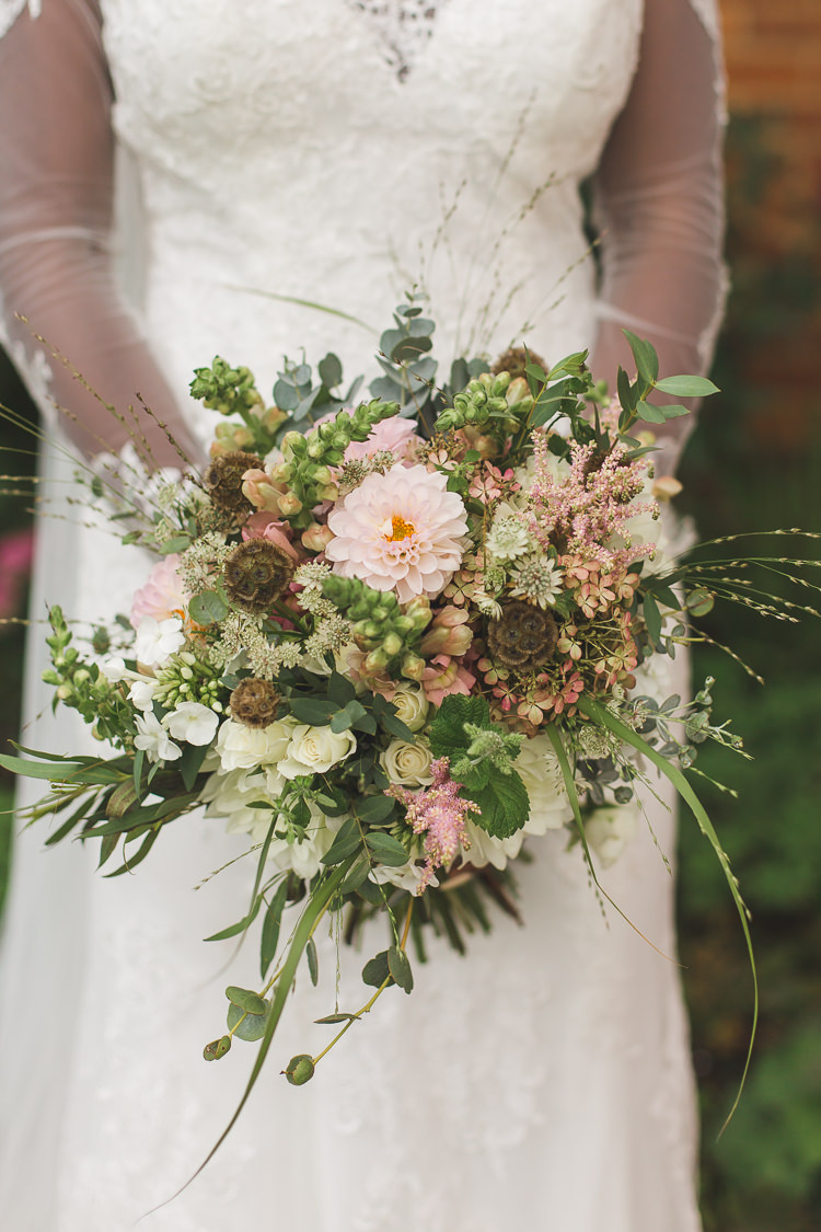 Bride Bridal Bouquet Pink Flowers Greenery Whimsical Romantic Barn Wedding http://kirstymackenziephotography.co.uk/