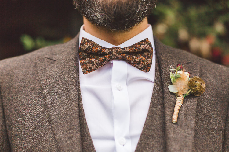 Groom Brown Tweed Suit Three Piece Waistcoat Bow Tie Paisley Whimsical Romantic Barn Wedding http://kirstymackenziephotography.co.uk/