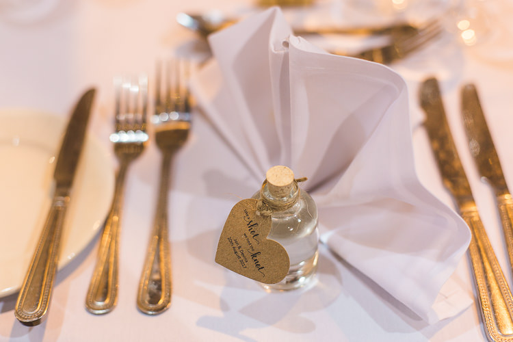 Favour Place Setting Tot Miniature Bottle Whimsical Romantic Barn Wedding http://kirstymackenziephotography.co.uk/
