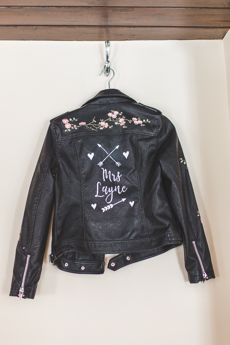 Hand Painted Bride Bridal Leather Jacket Embroidered Calligraphy Personalised Whimsical Romantic Barn Wedding http://kirstymackenziephotography.co.uk/