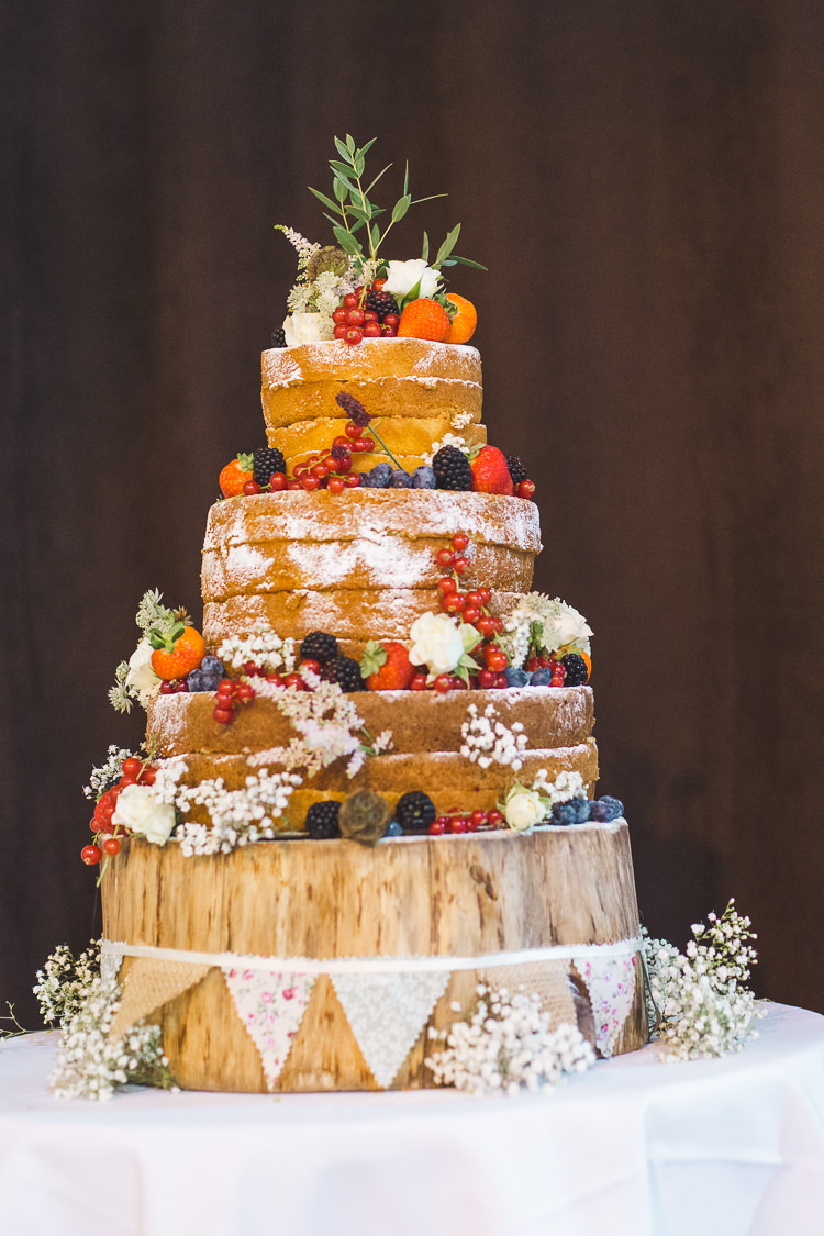 Naked Cake Fruit Wood Slice Tree Stand Tiered Miniature Bunting Gypsophila Whimsical Romantic Barn Wedding http://kirstymackenziephotography.co.uk/