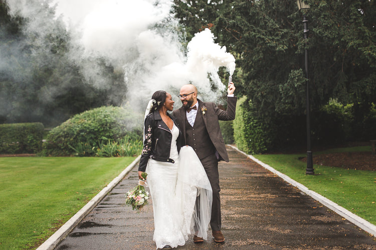 Bride Bridal Maggie Sottero Long Sleeved Lace Dress Sweetheart Leather Jacket Groom Brown Tweed Three Piece Waistcoat Bow Tie Smoke Bomb Whimsical Romantic Barn Wedding http://kirstymackenziephotography.co.uk/