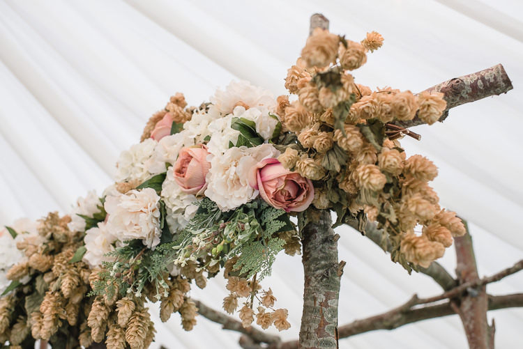 Ceremony Backdrop Arbour Rose Flower Floral Hops Tree Wooden Personal Homegrown Country Farm Wedding https://www.emmahare.com/