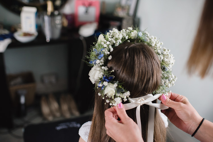 Flower Girl Crown Ribbon Gypsophila Rose Personal Homegrown Country Farm Wedding https://www.emmahare.com/