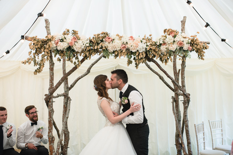Bride Bridal Princess Embellished Sparkle Top Waistcoat Groom Ceremony Backdrop Arbour Hops Flowers Floral Personal Homegrown Country Farm Wedding https://www.emmahare.com/