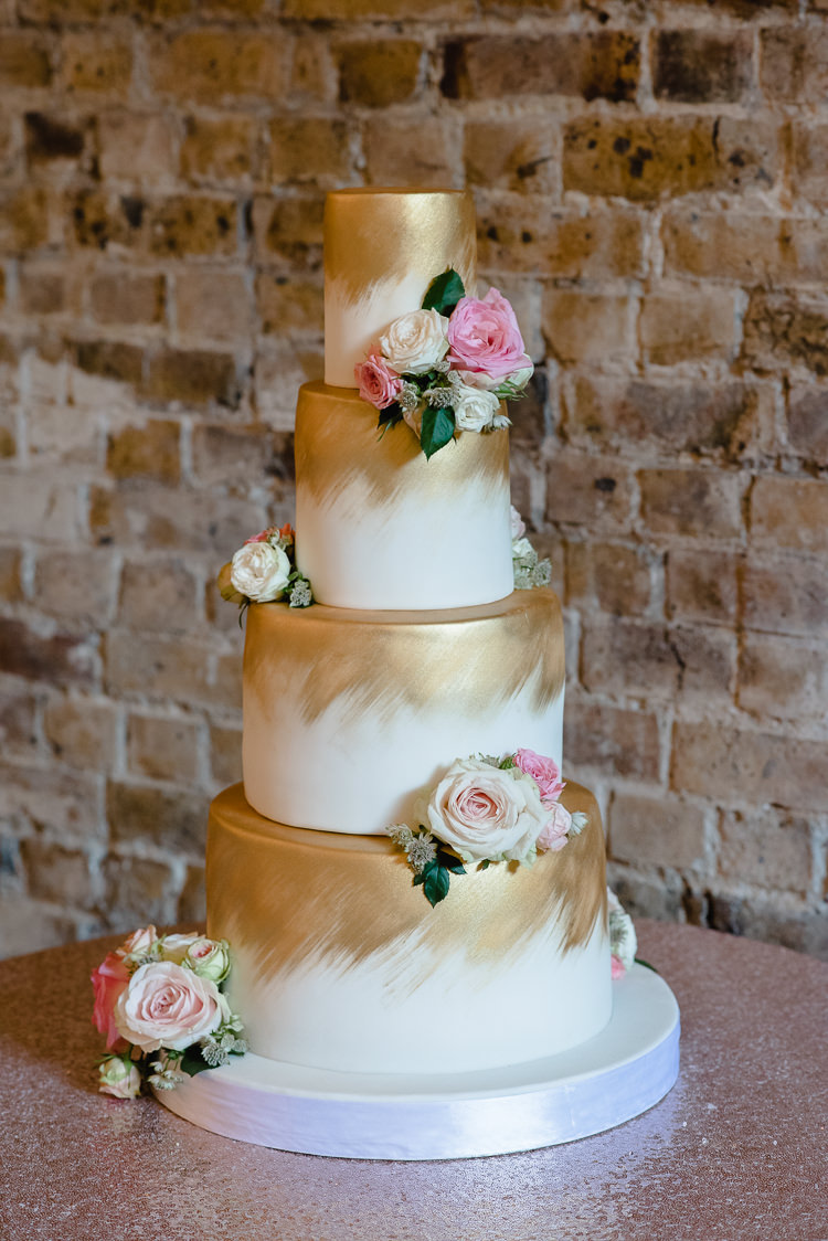 Tiered Cake Gold Flowers Floral Airbrush Personal Homegrown Country Farm Wedding https://www.emmahare.com/