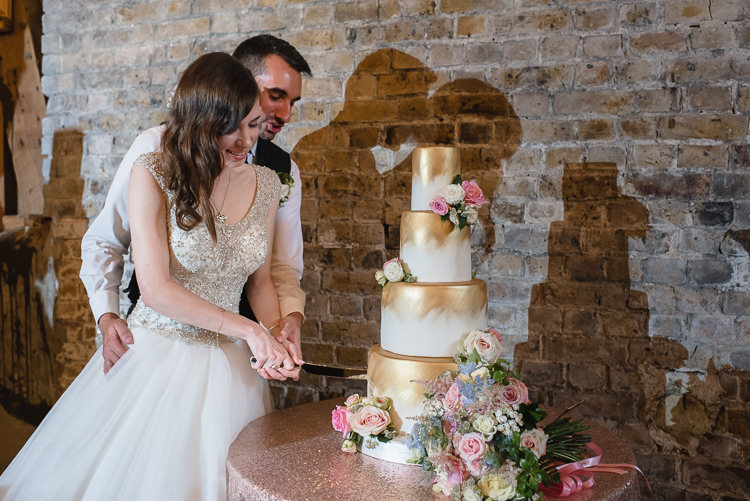 Bride Bridal Princess Embellished Sparkle Top Waistcoat Groom Bouquet Pastel Cake Cutting Gold Tiered Sequin Tablecloth Personal Homegrown Country Farm Wedding https://www.emmahare.com/