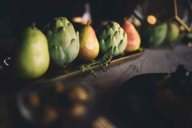 Dark Moody Black Gold Green Table Decor Fruit Tray | Edgy Emerald City Wedding Ideas http://www.yvonnegollphotography.com/