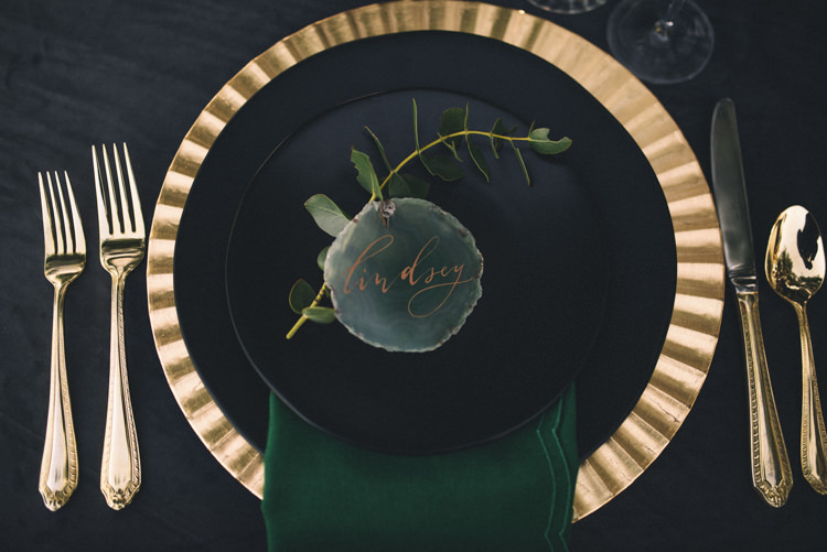 Dark Moody Black Green Gold Table Decor Agate Placecards Geometric Plates | Edgy Emerald City Wedding Ideas http://www.yvonnegollphotography.com/