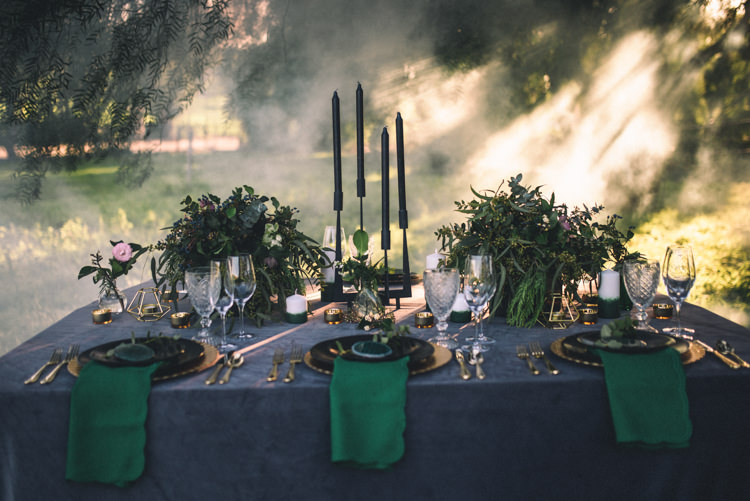 Dark Moody Black Green Gold Table Decor Candles Napkins | Edgy Emerald City Wedding Ideas http://www.yvonnegollphotography.com/