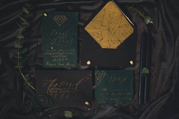 Dark Moody Green Black Gold Geometric Stationery Calligraphy | Edgy Emerald City Wedding Ideas http://www.yvonnegollphotography.com/