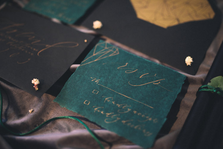 Dark Moody Black Green Teal Geometric Stationery Calligraphy | Edgy Emerald City Wedding Ideas http://www.yvonnegollphotography.com/
