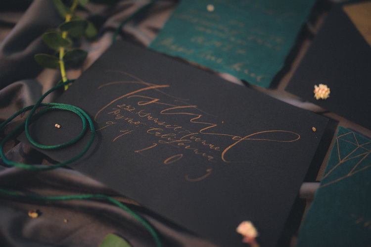 Dark Moody Black Green Gold Geometric Stationery Calligraphy Envelope Lettering | Edgy Emerald City Wedding Ideas http://www.yvonnegollphotography.com/