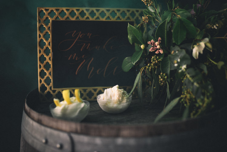 Dark Moody Black Green Gold Decor You Make Me Melt Ice Cream Calligraphy | Edgy Emerald City Wedding Ideas http://www.yvonnegollphotography.com/